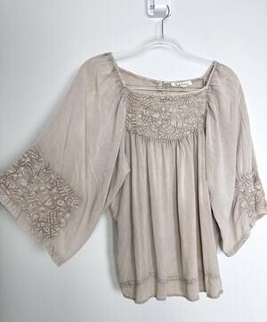 Solitaire Blouse Womens Large Earthy Beige Embroidered Kimono Sleeve Tunic Top